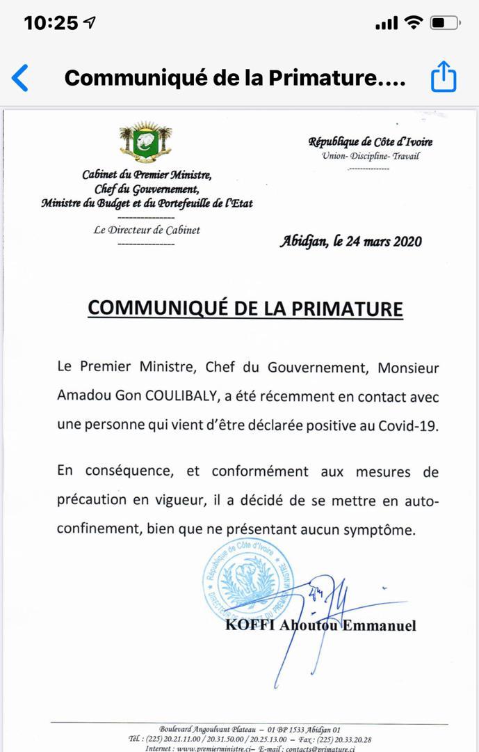 Covid19: le premier ministre ivoirien Gon Coulibaly s’est auto-confiné après voir été en contact avec une personne déclarée positive