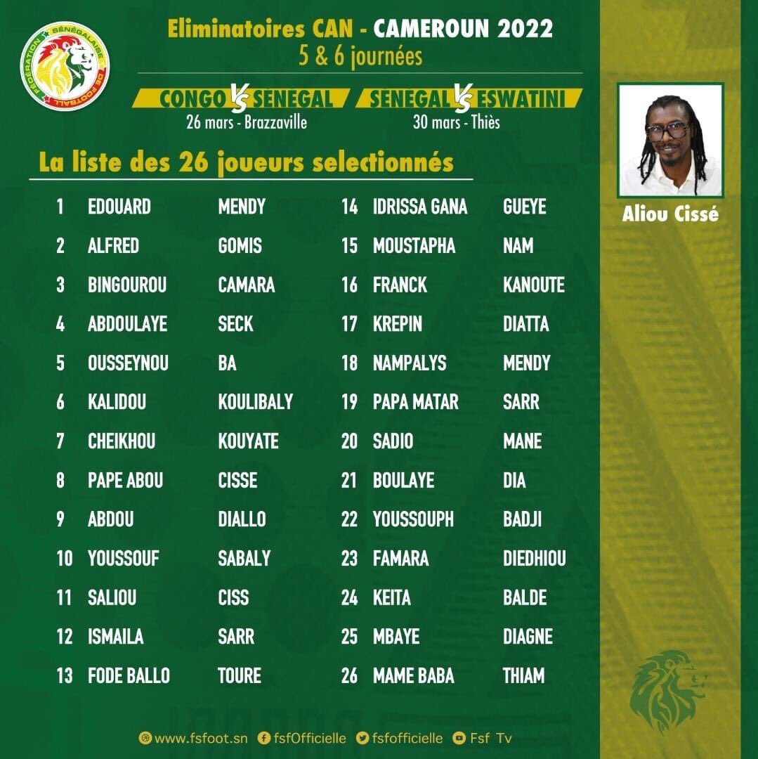 Urgent : les 22 lions convoqués par aliou Cissé